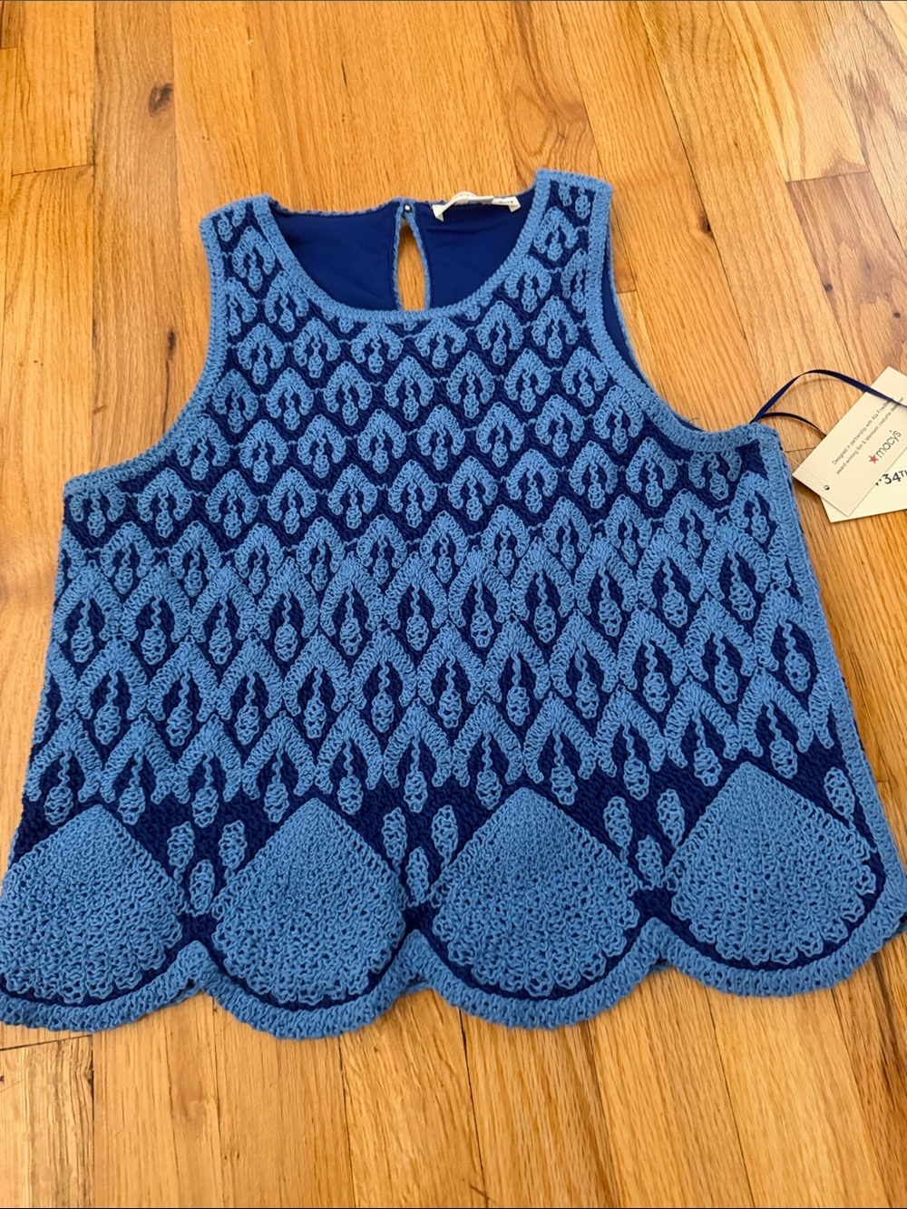 Blue Crochet Patterned Tank Top with Scalloped Hem